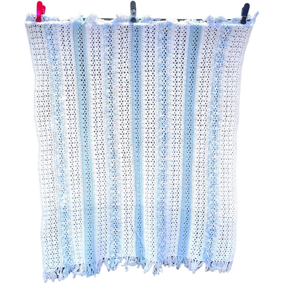 Hand Crochet Blue White Stripe  Pearlized Thread Baby Blanket 36" + tassels x 33